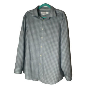 Perry Ellis Premium Shirt Size 17 1/2 34/35 Blue White Plaid Slim Fit Non-Iron